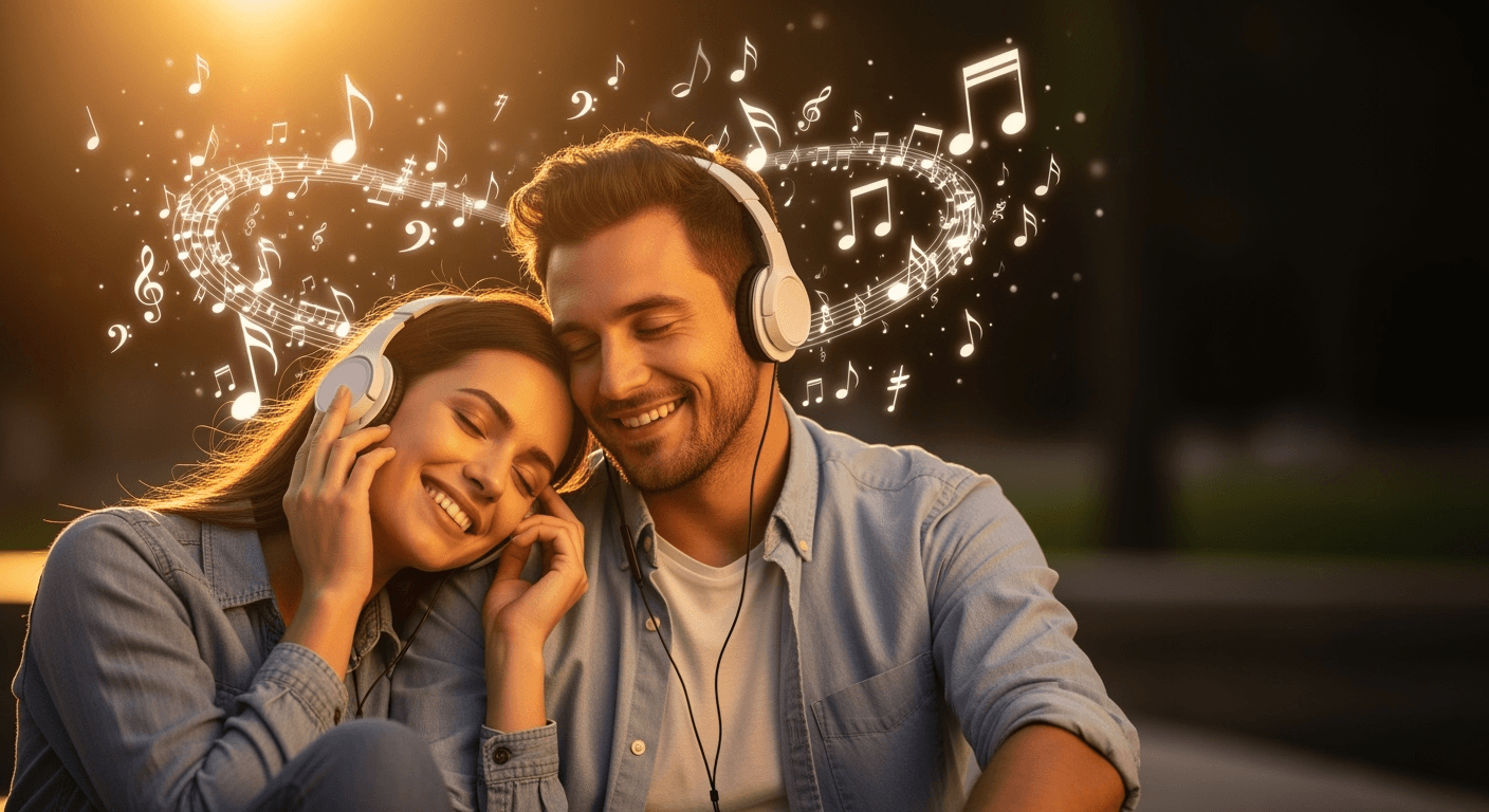 Cuplu romantic ascultând melodie personalizată împreună